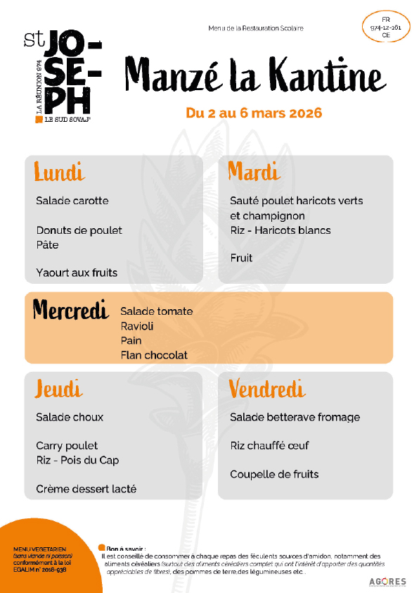 Menu du 2 au 6 mars 2026
