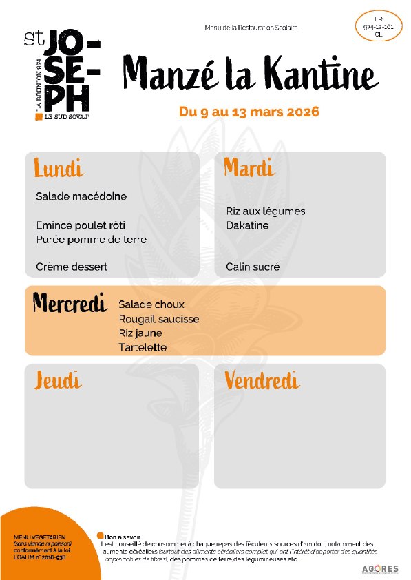Menu du 9 au 13 mars 2026
